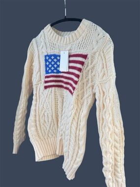 Cable Knit Ecru American Flag Sweater NWT LOVELO